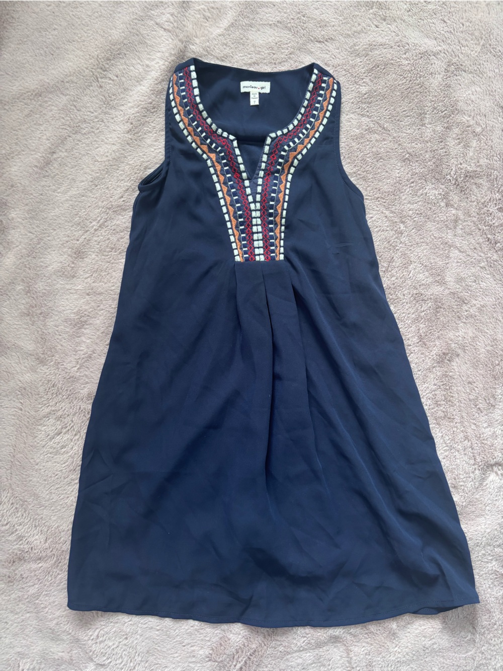 Navy Embroidered V-Neck Sleeveless Dress